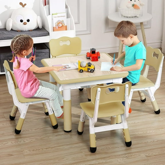 Cabihome Kids Table Chairs Set, 5-Piece Height Adjustable Activity Table and Chair Set for Toddlers Ages 2-10, for Classrooms/Daycares/Home-Natural