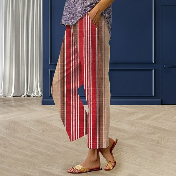 Women's Casual Pants Women'S Casual Boho Floral Print Stripe Cotton Linen Pants Elastic Waisted Summer Spring Beach Baggy,Pink Women's Casual Pants L