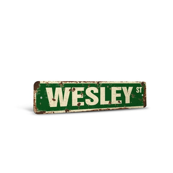 WESLEY Vintage Style Rustic Street Sign – Childrens Name Room Sign Retro Decorative Wall Sign for Home, Bar, Garage, or Outdoor Use | 4" X 18" Aluminum Metal Road Sign