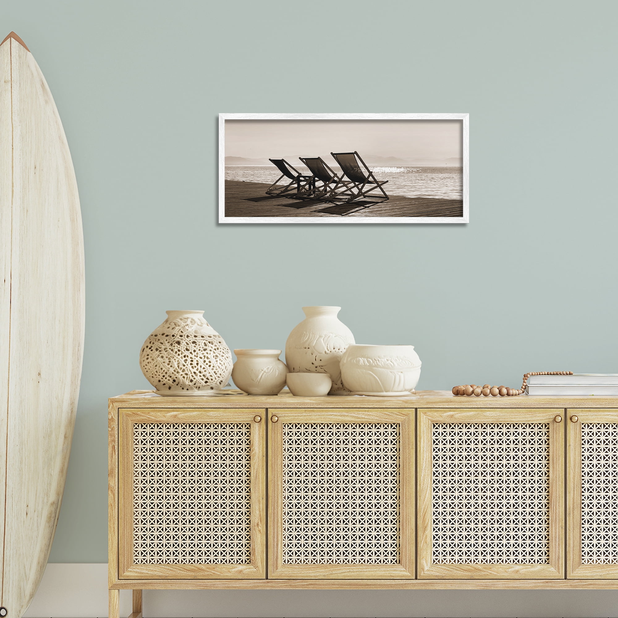 Stupell Industries On Deck Beach Chairs Coastal Photography White Framed Art Print Wall Art, 30 x 13