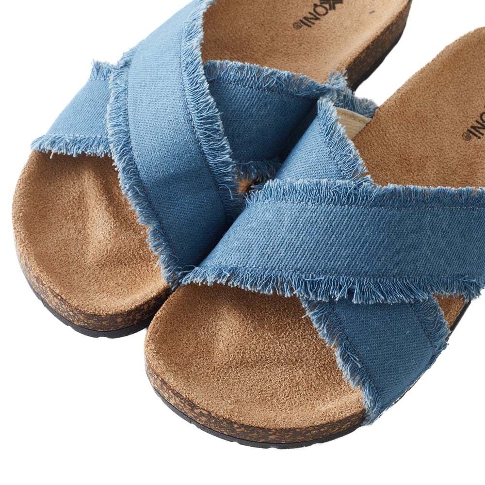 Roxoni Women’s Cross Strap Slide Sandals Denim Open Toe Comfort Slippers Cork Footbed Casual Summer Indoor Outdoor Footwear