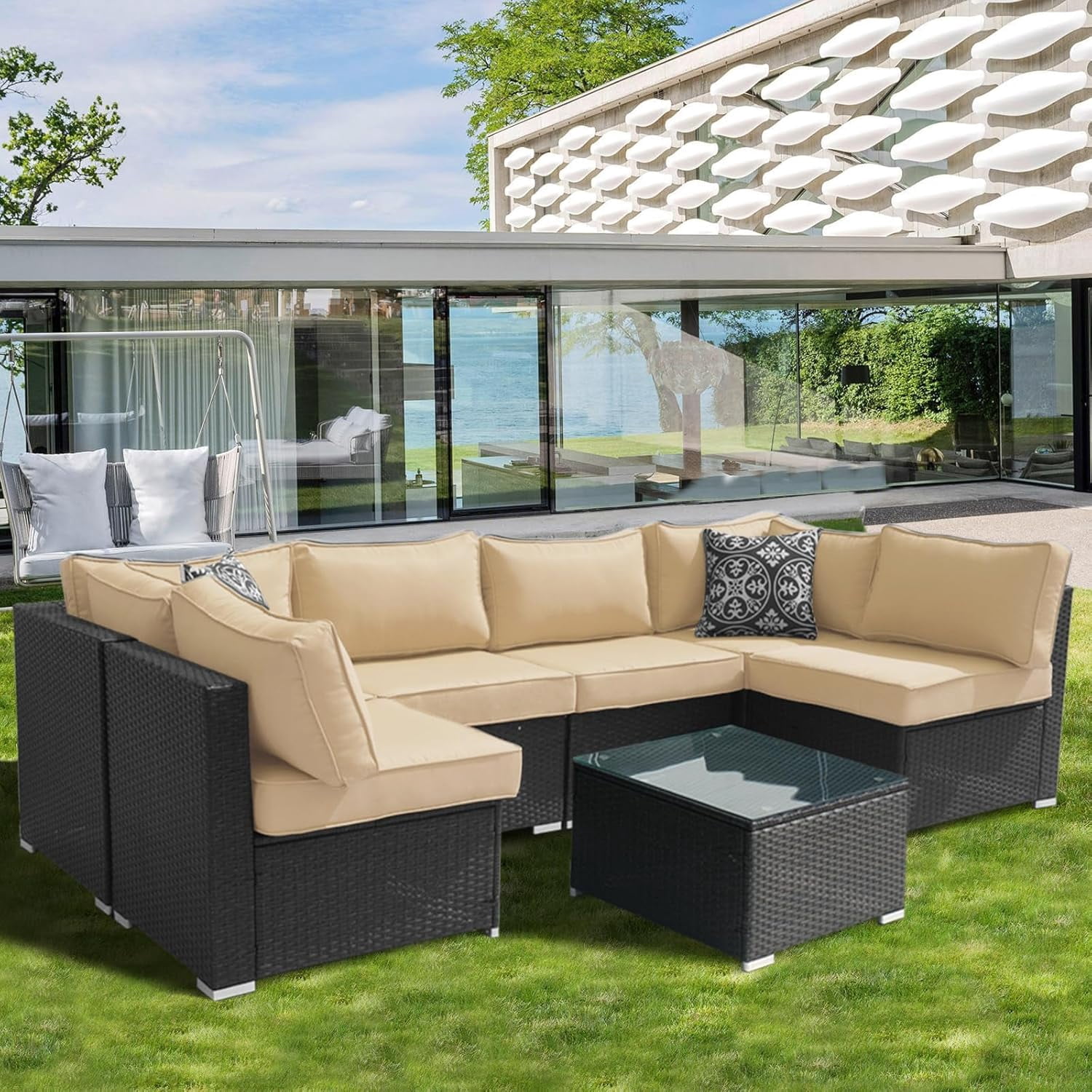 FKS LIFE Outdoor Replacement Cushions for Patio Furniture, Water-Resistant Sofa Cushion for 6-Seat Rattan Wicker Sectional Patio Conversation Sets, 14-Piece Cushions Set for Outdoor
