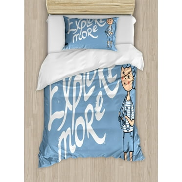 Explore Twin Size Duvet Cover Set, Cartoon Boy with Binoculars on Grunge Style Background Childhood Theme, Decorative 2 Piece Bedding Set with 1 Pillow Sham, Pale Blue Peach White, by Ambesonne