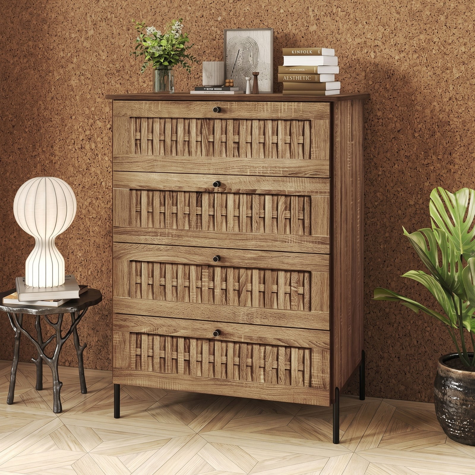 Furnibear 4-Drawer Dresser with Woven Rattan-Textured Fronts and Sturdy Metal Legs for Bedroom Living Room and Hallway Storage, Caramel Oak