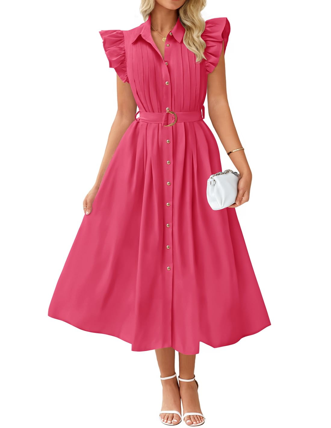 Vestido Largo De Verano ZESICA Para Mujer - Estilo Bohemio Con Mangas De Volantes, Botones Y Cinturón, Ideal Para Vacaciones