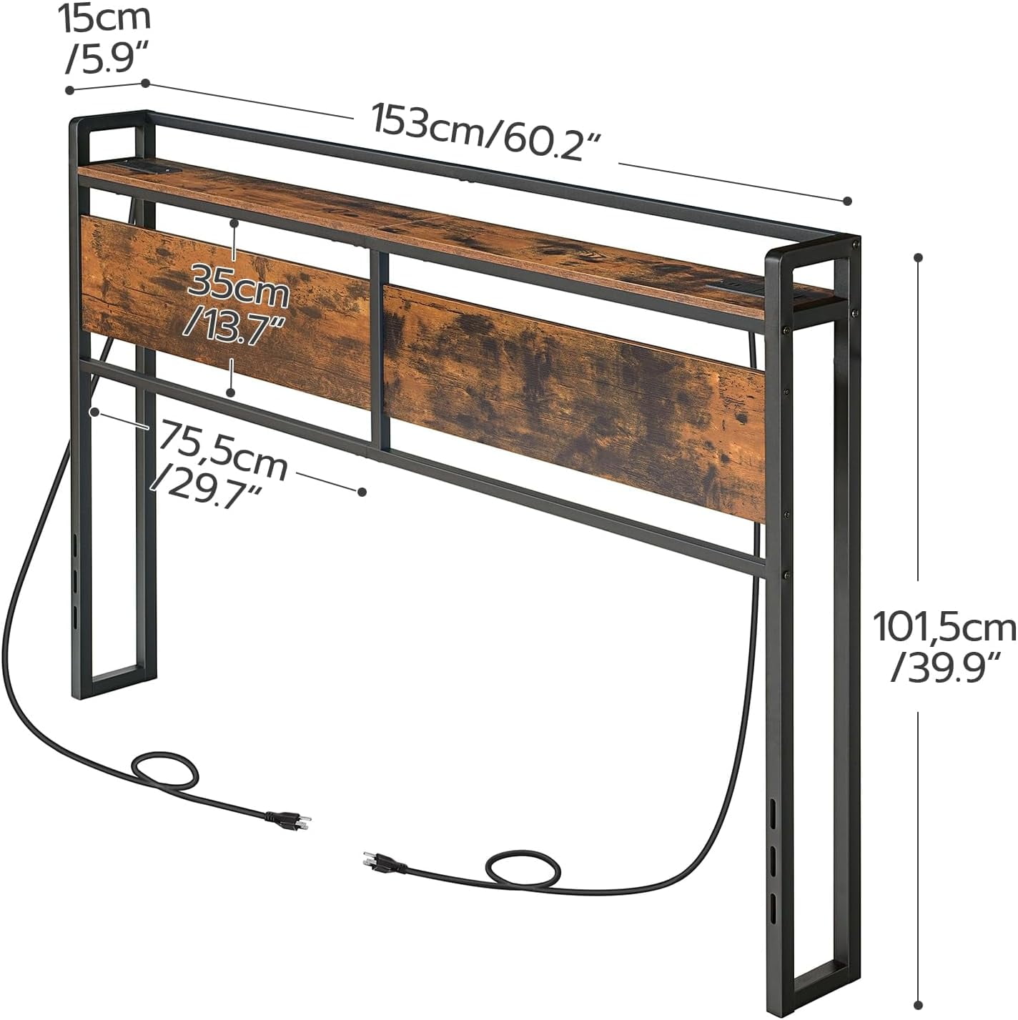 HOOBRO Queen Size Headboard with 2 Outlets & 4 USB Ports, Storage, Adjustable Height, Rustic Brown and Black