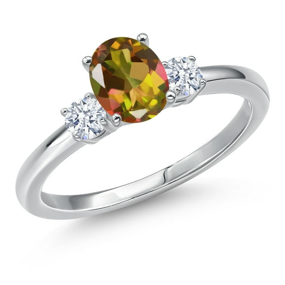 Gem Stone King 14K White Gold Mango Mystic Topaz and White Zirconia Engagement Ring for Women | 1.42 Cttw | Oval 7X5MM | Gemstone November Birthstone | Size 7
