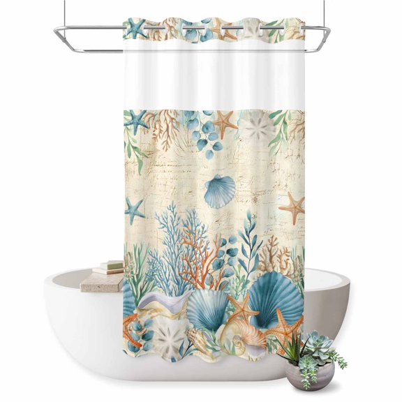 No Hook Shower Curtain Ocean Coral Shower Curtain for Bathroom Seagrass Starfish Conch Shell Retro Bath Curtains Waterproof Fabric with See Through Top Window for Spa Hotel 36x72 Inch