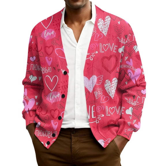 QHRMKOG Men Cardigan Romantic Valentine's Day Heart Cardigan Sweater Print Relaxed Fit Long Sleeve V Neck Button Up Cardigans Casual Ribbed Knited Sweater Purple XL