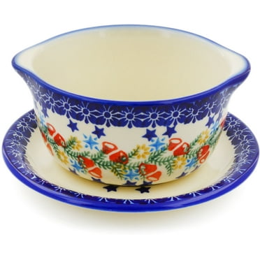 Polish Pottery Bouillon Cup with Saucer Polmedia Wreath Of Bealls Theme Hand Painted in Boleslawiec, Poland   Certificate of Authenticity