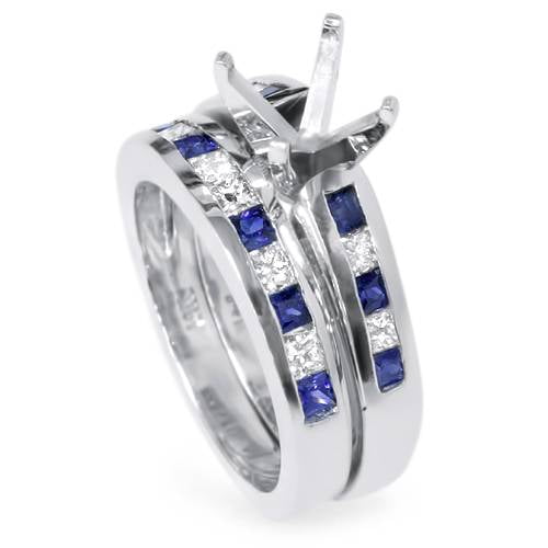 Bague Semi-Monture en Or Blanc 14K avec Diamant Taille Princesse Saphir Bleu 1 Ct