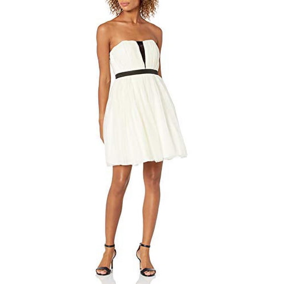 Minuet Womens Tulle Short Dress with Contrast Lace at Neckline, Ivory/Black, Small