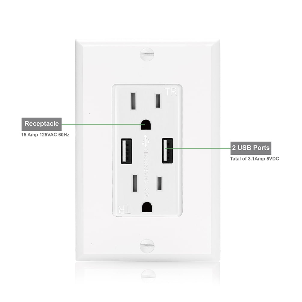 Senq Usb Wall Ul Listed 2xusb Charger And 2x Ac Electrical Receptacle 15a 3 1a Charging S Plate Included 4 Pack