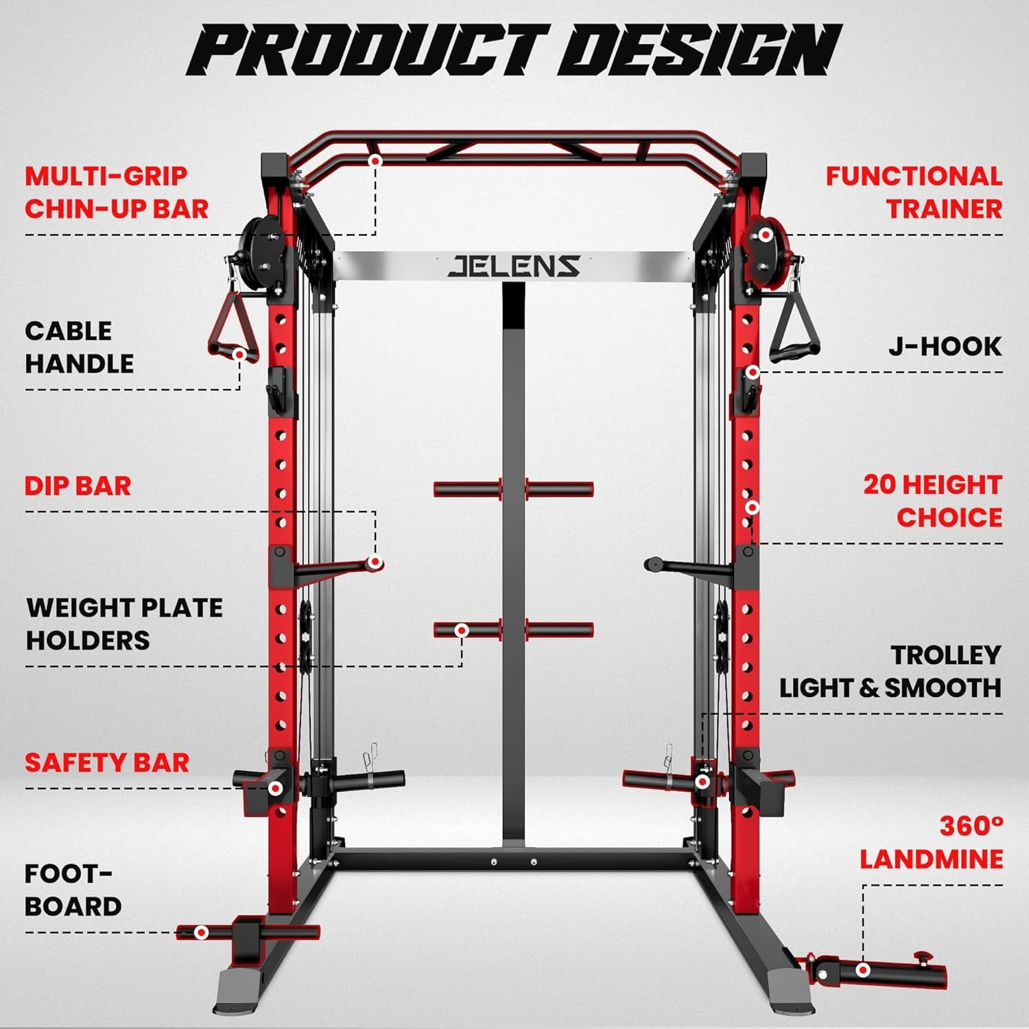 Multi-Function Power Rack Cage,2000lbs Dual Pulley Cable Crossover Machine with J Hooks, Dip Bars & Landmine for Home Gym
