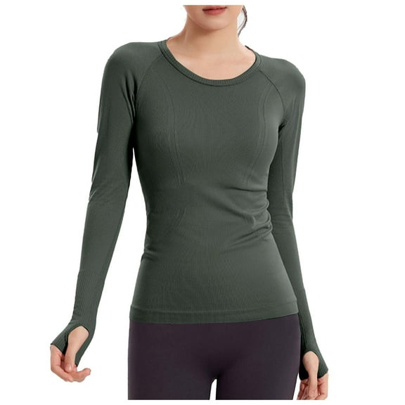 Brglopf Seamless Long Sleeve Shirts for Women Workout Athletic Running Gym Yoga Tops Lightweight Crewneck Slim Fitted Tees Shirt with Thumb Hole Army Green S