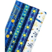 30 Inch Hanukkah Wrapping Paper Roll - Jumbo Roll Menorahs, the Star of David, Candles Design for Chanukah Celebration - 4 Rolls - 30 Inch x 120 Inch Per Roll