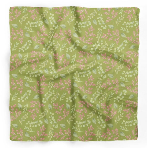 Bimba Green Red Berries & Leaves Printed Pure Silk Scarf Neck Wrap Summer Hair Bandanas For Women 40 x 80 Inches