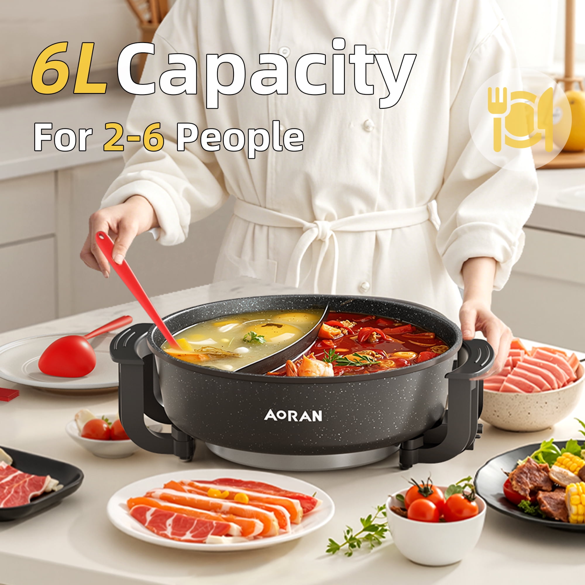 AORAN Electric Hot Pot, 6L Electric Skillet, Non-Stick Smokeless