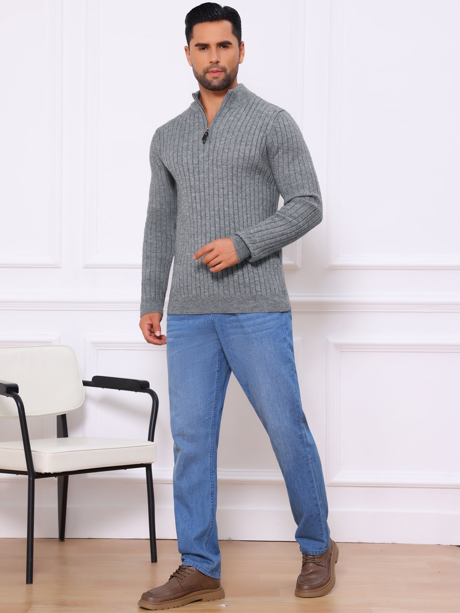 DARING DIVA Men's Casual Pullover Knitted Mock Neck Polo Sweater M Gray