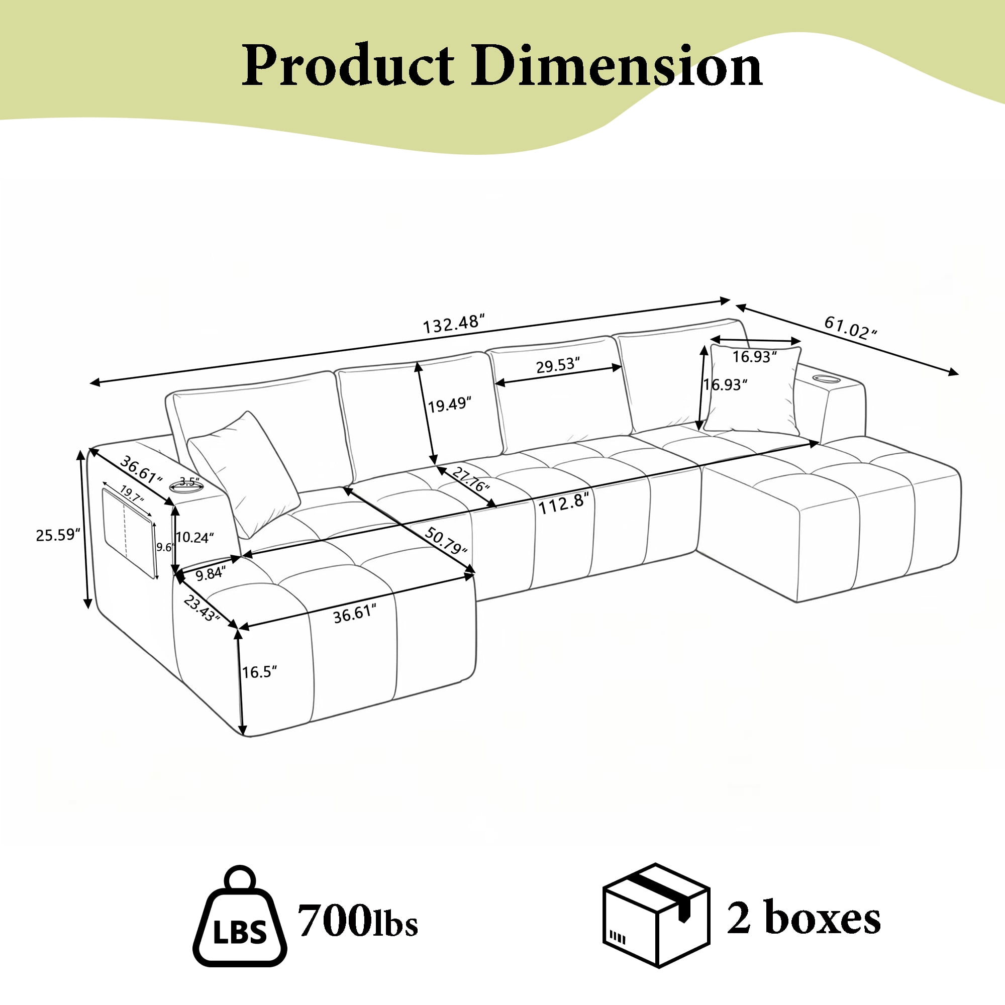 132"W U-Shaped Sectional Sofa with Dual Chaises,Modular Chenille Upholstered Couch with Cup Holders & Side Pockets,No Assembly Boneless Sofa,Dark Grey