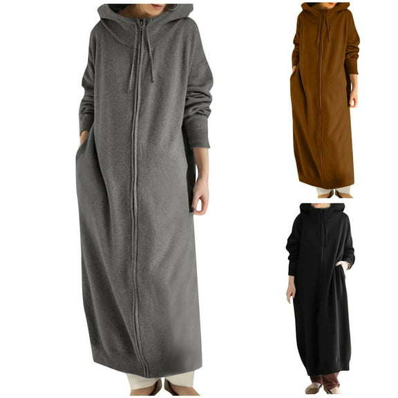 BiZtdJrK Long Hoodies for Women Zip Up Drawstring Long Sleeve Tunic Hooded Swetshirt Jackets Plus Size Solid Maxi Sweatshirt Coats Brown L