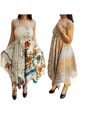 Mogul Lot Of 2 Womens Halter Dress Vintage Recycled Sari Handkerchief Hem Summer Gypsy Hippie Chic Sundress XS