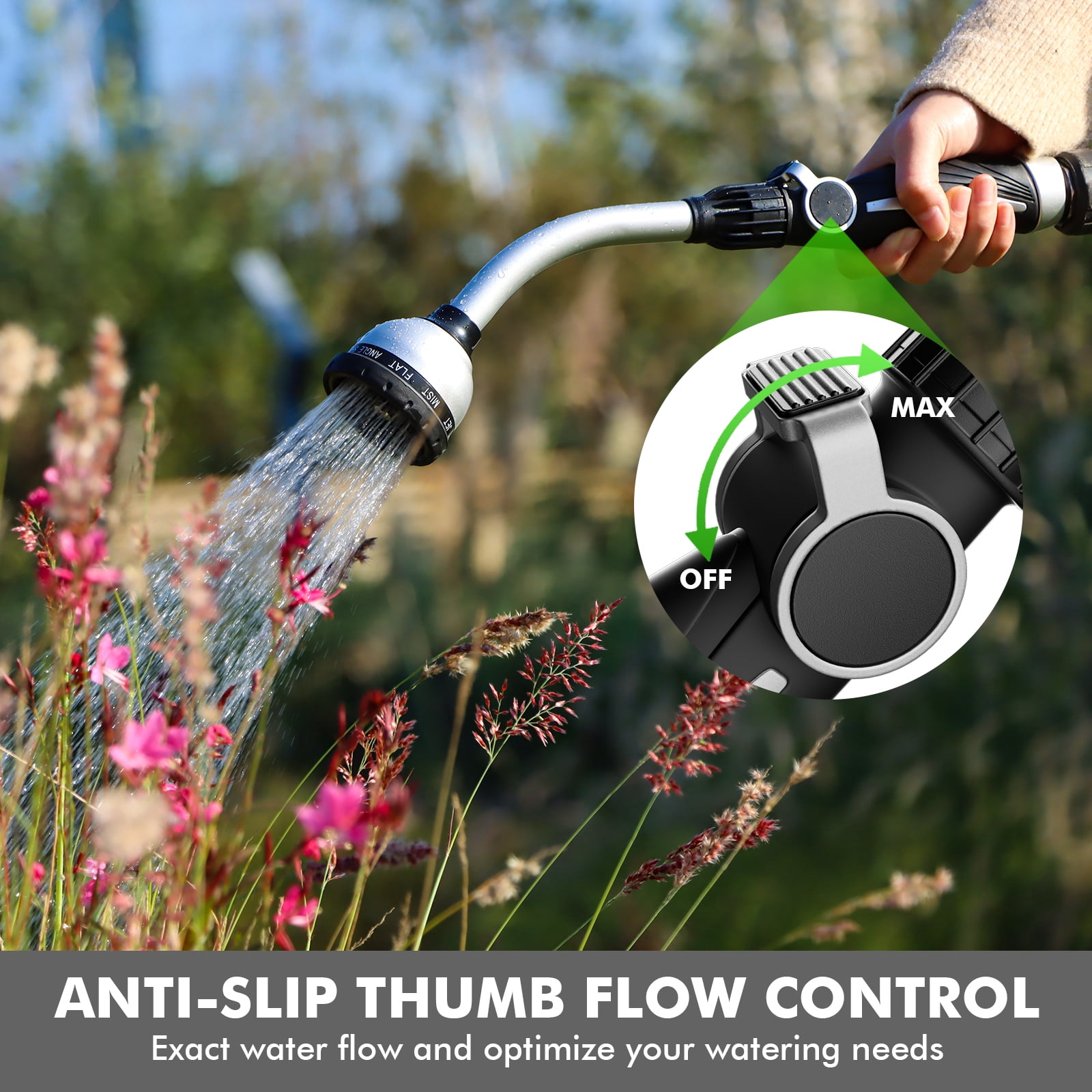 Restmo Watering Wand Heavy Duty, Metal Garden Hose Wand with 10 Spray Patterns, 15-inch Long Hose Nozzle Sprayer with Thumb Flow Control, Ideal to Water Hanging Baskets and Shrubs