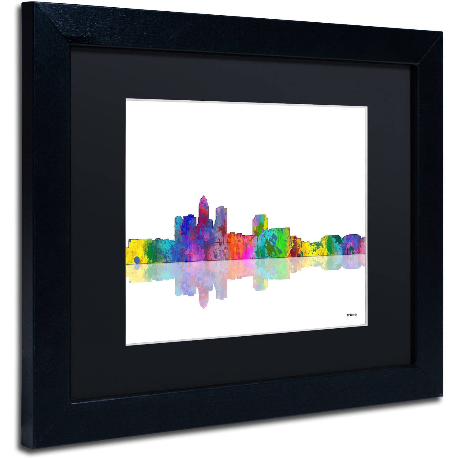 Trademark Fine Art "Des Moines Iowa Skyline" Canvas Art by Marlene Watson Black Mat, Black Frame