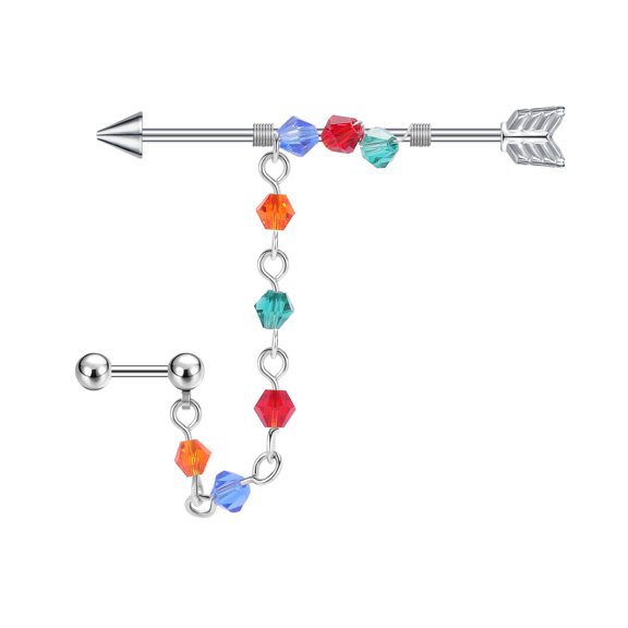 ZS 14G Bow Arrow Industrial Barbell Jewelry Colorful Bead Chain Cartilage Conch Piercing Silver Earrings Piercing