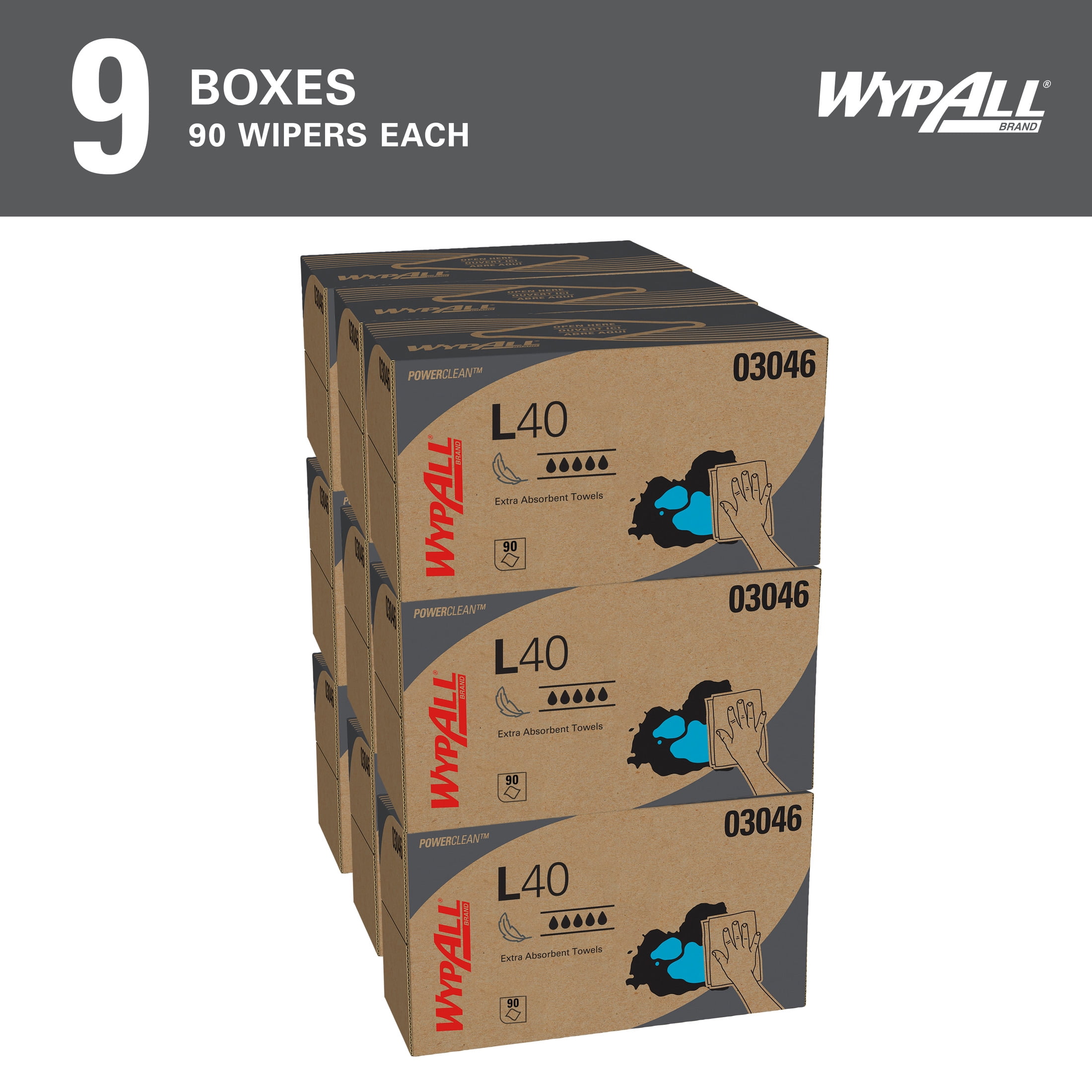 WypAll PowerClean L40 Cloths Extra Absorbent Wipes (03046), Pop-Up Box, Bulk Paper Wipers, White (9 Packs of 90 Sheets, 810 Sheet Total)