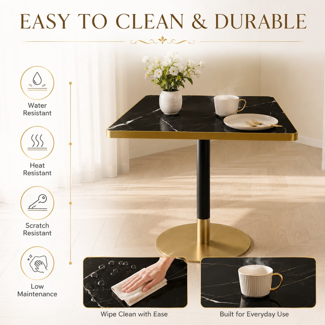 Aukfa 31.5" Square Dining Table for 2-4, Marble-Look Sintered Stone Top, Gold Pedestal Base, Small Spaces,Black Onyx