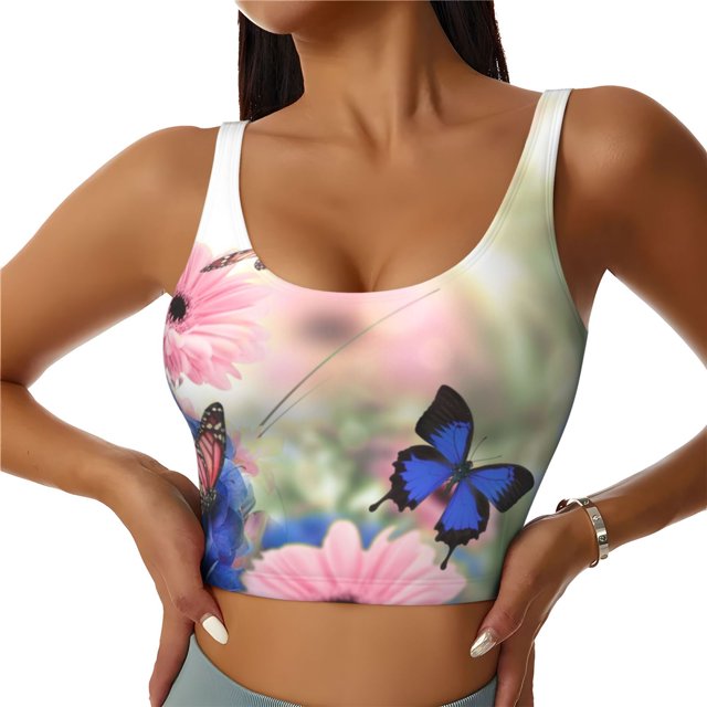 Balery Butterfly And Flowers Sujetadores deportivos con espalda cruzada para mujer, acolchados, sin costuras, de alto impacto, ideales para yoga, gimnasio, entrenamiento y fitness.-