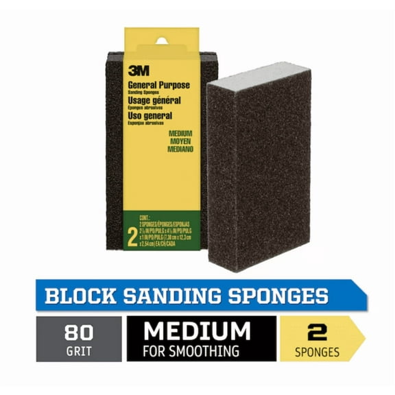 3M Medium 80-Grit Sanding sponge 2.87-in x 4.87-in 2 -Pack