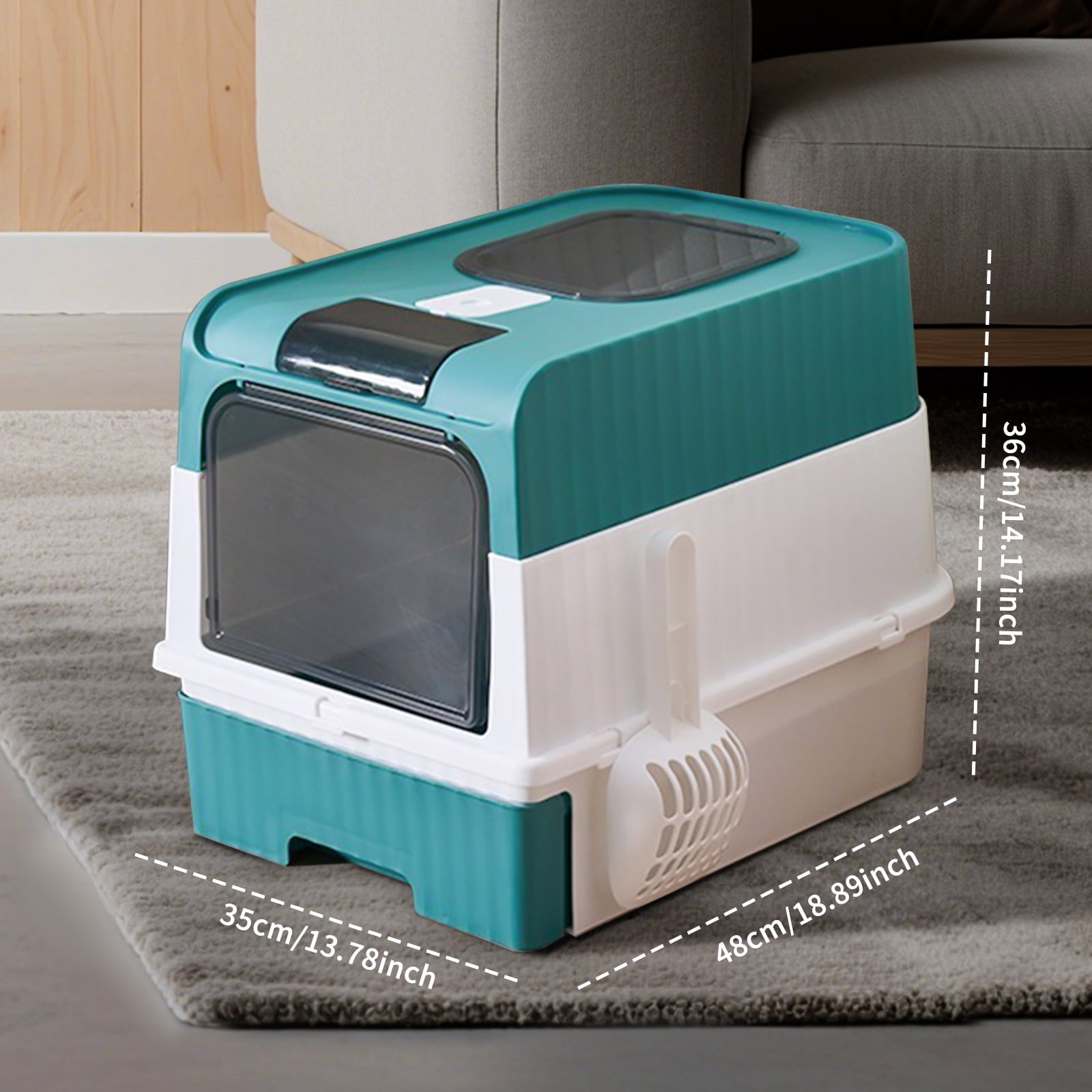 Cube Cat Litter Box, 2-in-1 Enclosed/Open-top Design, Drawer Type for Easy Cleaning, Large Space, Anti-Splashing & Odor Isolation, Blue & White, 18.89"x13.78"x14.17", for All Ages Cats