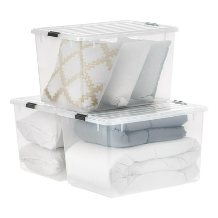 IRIS USA 3 Pack 144qt Large Clear View Plastic Storage Bin with Lid and Secure Latching Buckles