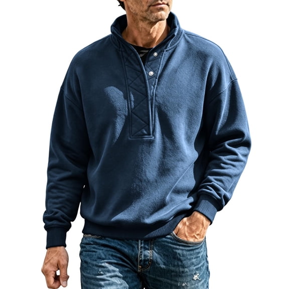 Gytharion Men's Mock Neck Sweatshirts Snap Button Ribbed Hem Solid Color Classic Pullovers Fall Warm Cozy Pullover Tops