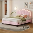 thumbnail image 2 of Full Size Upholstered Flower-Shape Bed,  Double Bed with Elegant Flowers Headboard and LED Light Strip, Sherpa Fabric Platform Bed with Wooden Slats Support for Bedroom, Pink, 2 of 9