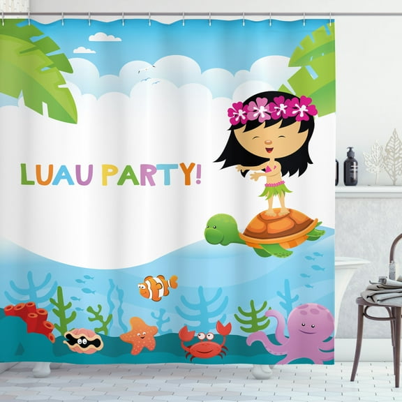 Luau Shower Curtain, Hula Girl on a Turtle Swims in Sea with Creatures Luau Party Text, Fabric Bathroom Set with Hooks, 69W X 84L Inches Extra Long, Pale Sky Blue Multicolor, by Ambesonne