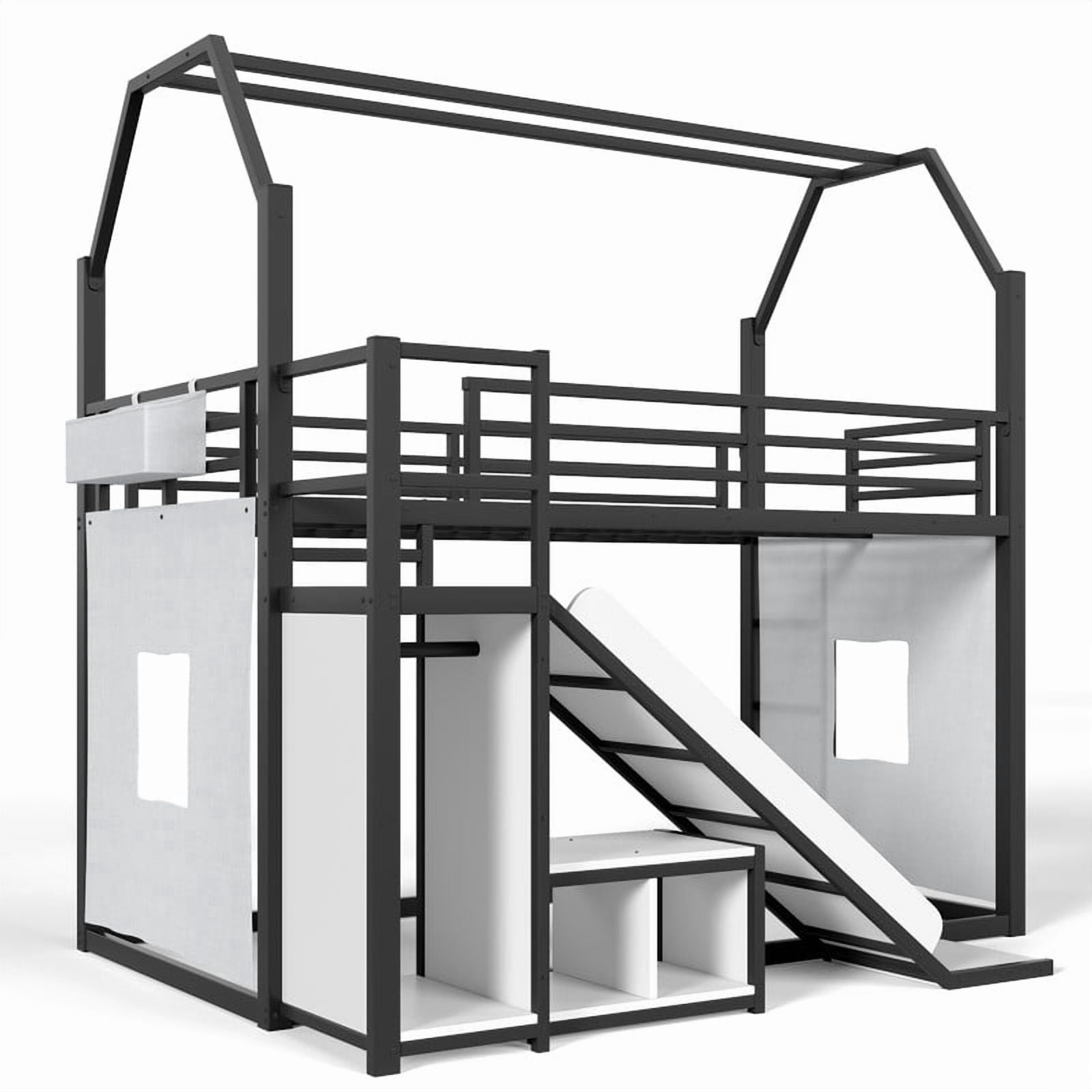 Twin Size House Bunk Bed with Slide, LED Lights, Clothes Rack, Storage Bags & Shelves, Metal Kids Bunk Bed with Guardrails, Playhouse Design, No Box Spring Needed