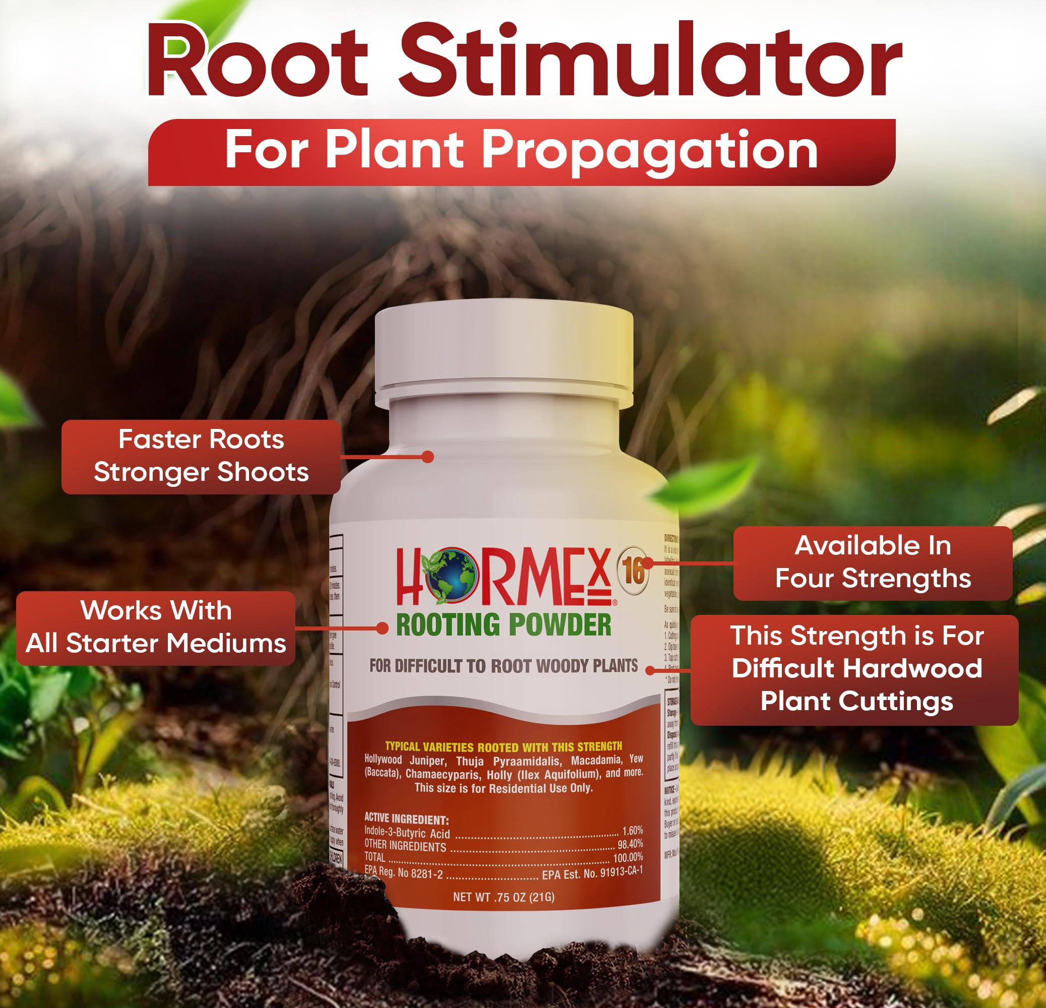 Hormex Rooting Hormone Powder #16 (1.60% IBA) for Difficult Hardwood Plants & Trees - Maximum Strength Root Stimulator for Woody Cuttings, Cloning, & Propagation