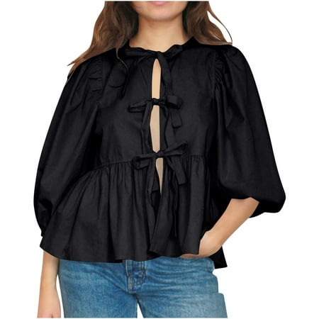 QIPOPIQ Women Bow Tie Front Shirt Top Cute Puff Sleeve Y2K Peplum Ruffle Babydoll Blouse Lace Up Summer Going Out Clearance