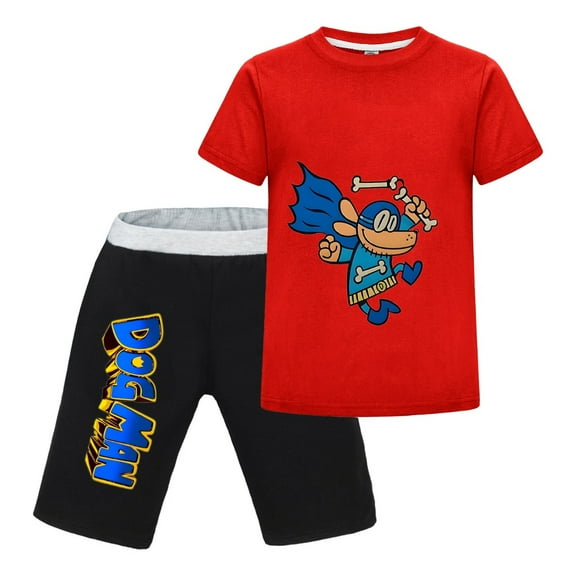 Dog Man Mask & Bones Costume Kids Outfit Set – Boys Girls Short-Sleeve Graphic T-Shirt and Shorts 2-Piece Cartoon Clothing for Summer Play, Sleepwear, or Casual Wear