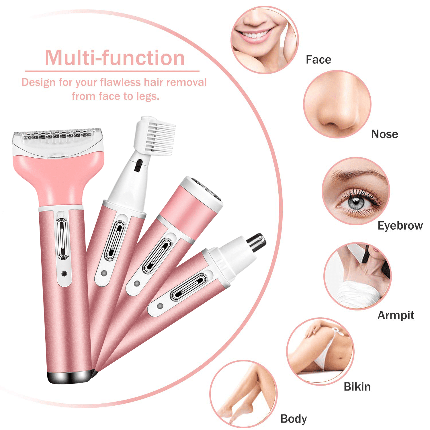 Electric Shaver for Women, 5 in 1 Rechargeable Razor Waterproof Painless Epilator Nose Hair Removal Remover Facial Body Bikini Eyebrow Beard Sideburn Mustache Trimmer Clipper Grooming Groomer Kit