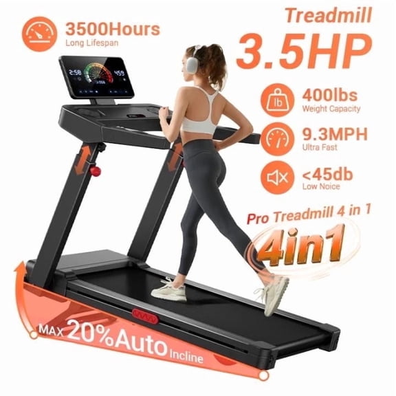 ROBORE 20% Treadmill Auto Incline, Foldable Home Treadmill with 3-Level Adjustable Console and Quiet 3.5 HP Motor, Max. 400lbs