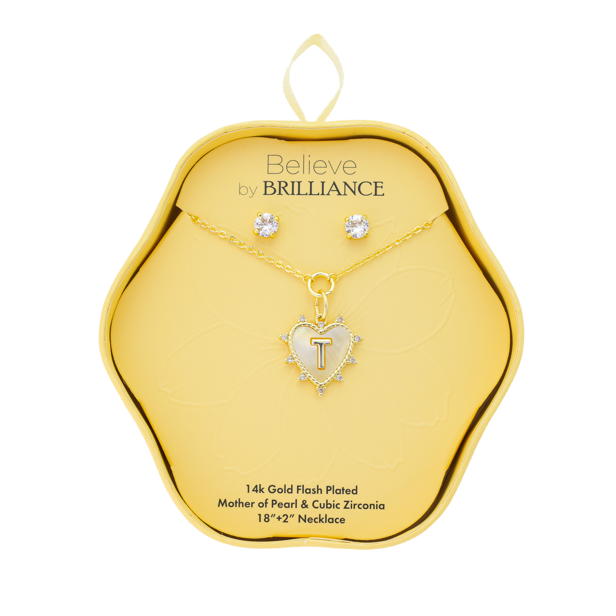 Believe by Brilliance Women's 14Kt Gold Flash Plated Mother of Pearl and Cubic Zirconia Heart "T" Necklace and Earring Set