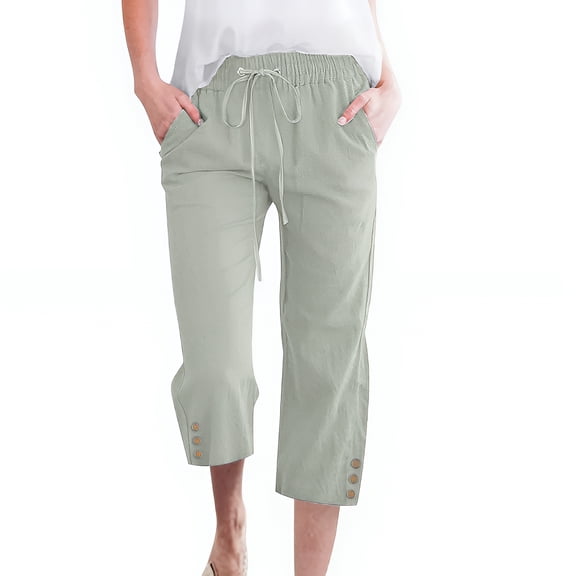 Capri Pants for Women Comfy Casual Drawstring Waist Lightweight Pants Button Trousers With Pockets, Light Grey, S