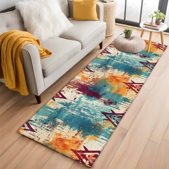 2'x6' Rug Runners for Hallways Kitchen, Boho Orange Teal Red Non Slip Entryway Beside Floor Carpet Runner, Modern Abstract Splashing Art Washable Laundry Room Bedroom Throw Rugs Mat for Family Pet