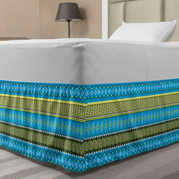 Abstract Bed Skirt, Rhythmic Demonstration of Aztec Inspired Triangles Zigzags in Summer Tones, Elastic Bedskirt Dust Ruffle Wrap Around for Bedding Decor, 4 Sizes, Sky Blue Yellow, by Ambesonne