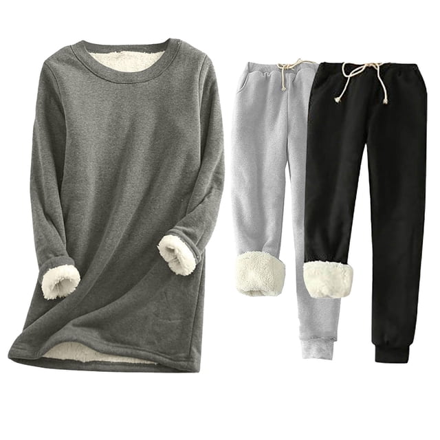 Pisexur Ensembles 3 Pcs pour Femmes Hiver Chaud en Molleton Couleur Unie Survêtements Ensembles 1 Chandail à Col Rond +2 Pantalons de Pyjama Décontractés Pyjamas Surdimensionnés pour Femmes Ensemble P-5TG