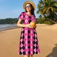 thumbnail image 4 of Fuzoiu pink and black argyle Print Womens Summer Trendy Short Sleeve Dresses,A Line Flowy Sundresses,Loose Casual Mini Beach Dress with Pockets, 4 of 6